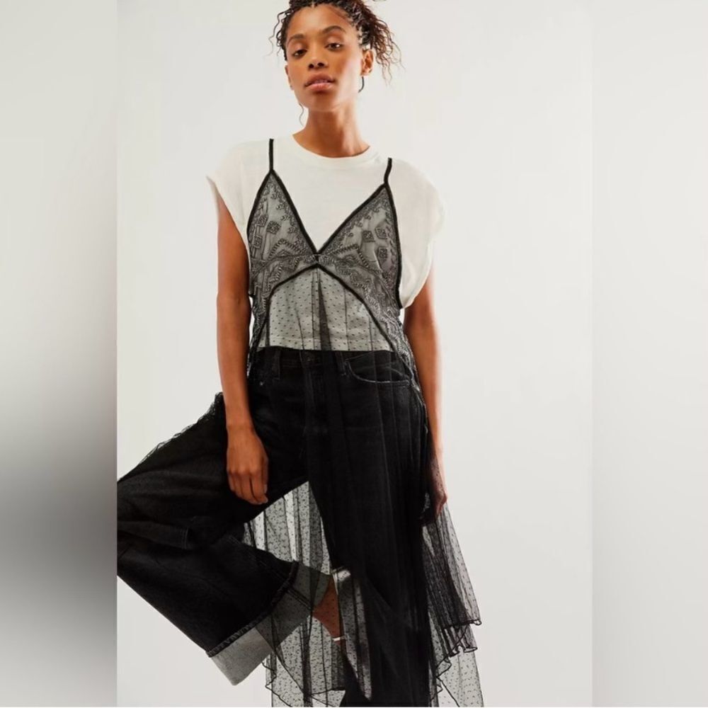 Free People Siren Sheer Handkerchief Hem T-Shirt Dress Black and White XS
